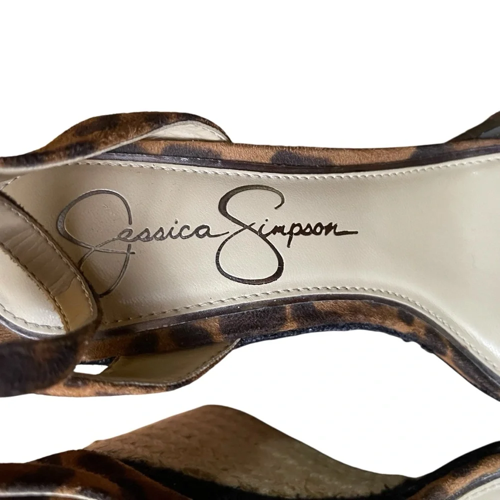 Jessica Simpson Leopard Espadrille Wedge Sandals Clear Strap Gem Studs Size 7